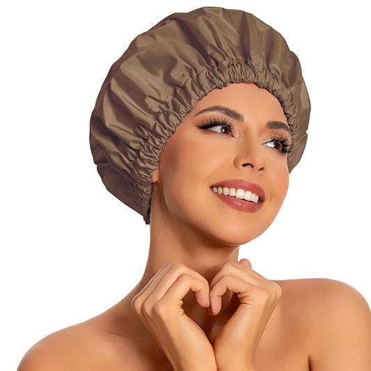 Reusable Shower Cap for Women, Large Waterproof Shower Bonnet with Elastic Band, Washable Bath Hair Cap for Long, Curly Hair, Braids, Daily Shower, Home Spa, Travel(Brown)