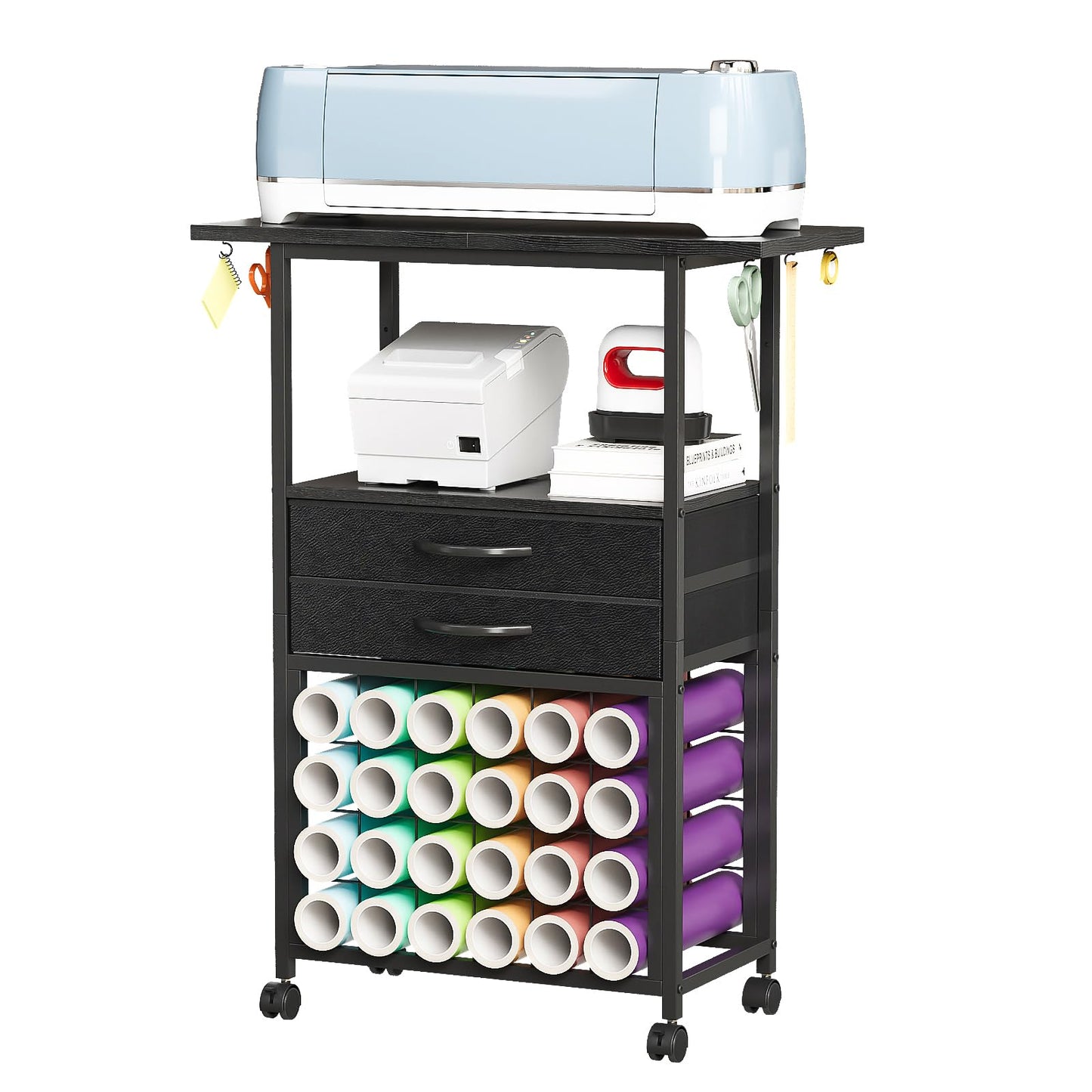 VENNQD Organizer and Storage Stand Compatible with Cricut Machines,Rolling Storage Cart/Shelf with 24 Vinyl Roll Holders，2 Fabric Drawer,Accessories Holder,Tool Hook for Craft Room Home (Black)