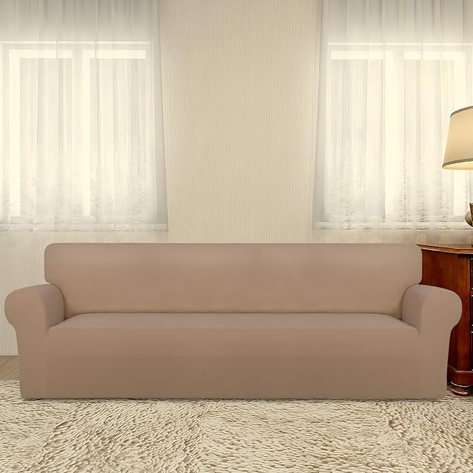 PureFit Super Stretch 4 Seater Sofa Slipcover – Spandex Non Slip Soft Couch Sofa Cover, Washable Furniture Protector with Non Skid Foam and Elastic Bottom for Kids, Pets （XX Large, Camel）