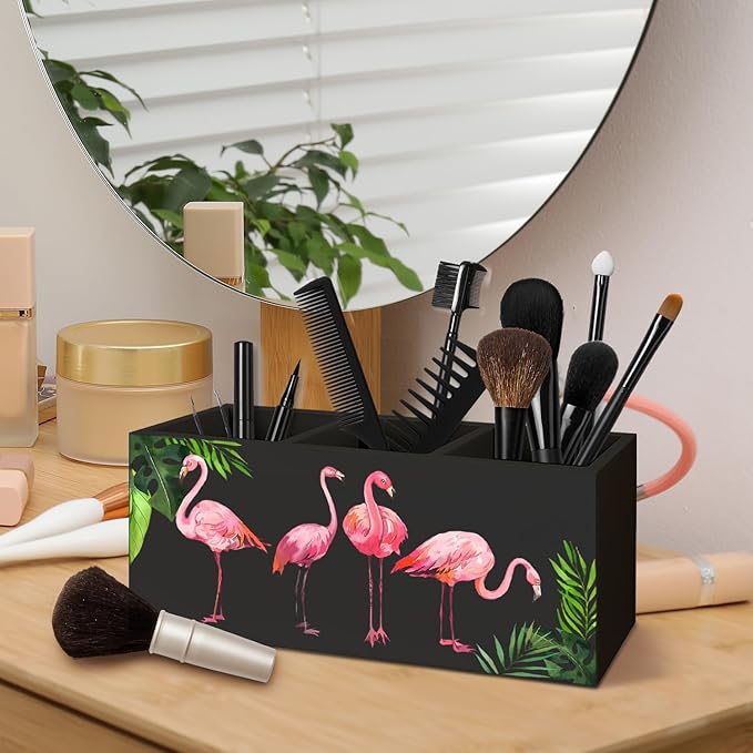Tropical Pink Flamingo Wood Makeup Brush Toothbrush Holder Organizer for Vanity Bathroom,Pink Flamingo Gifts for Women,Girly Aesthetics Wooden Pen Pencil Holder for Desk Accessories(Black)