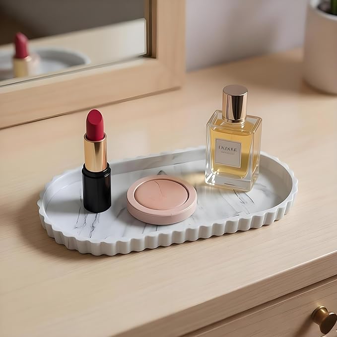 Silicone Vanity Tray Organizer 12"x5.3" White Marble Lace Edge for Countertop Catchall for Perfume Candles Jewelry Dish Perfume Trays for Vanity Bathroom Decorative Tray for Kitchen Counter