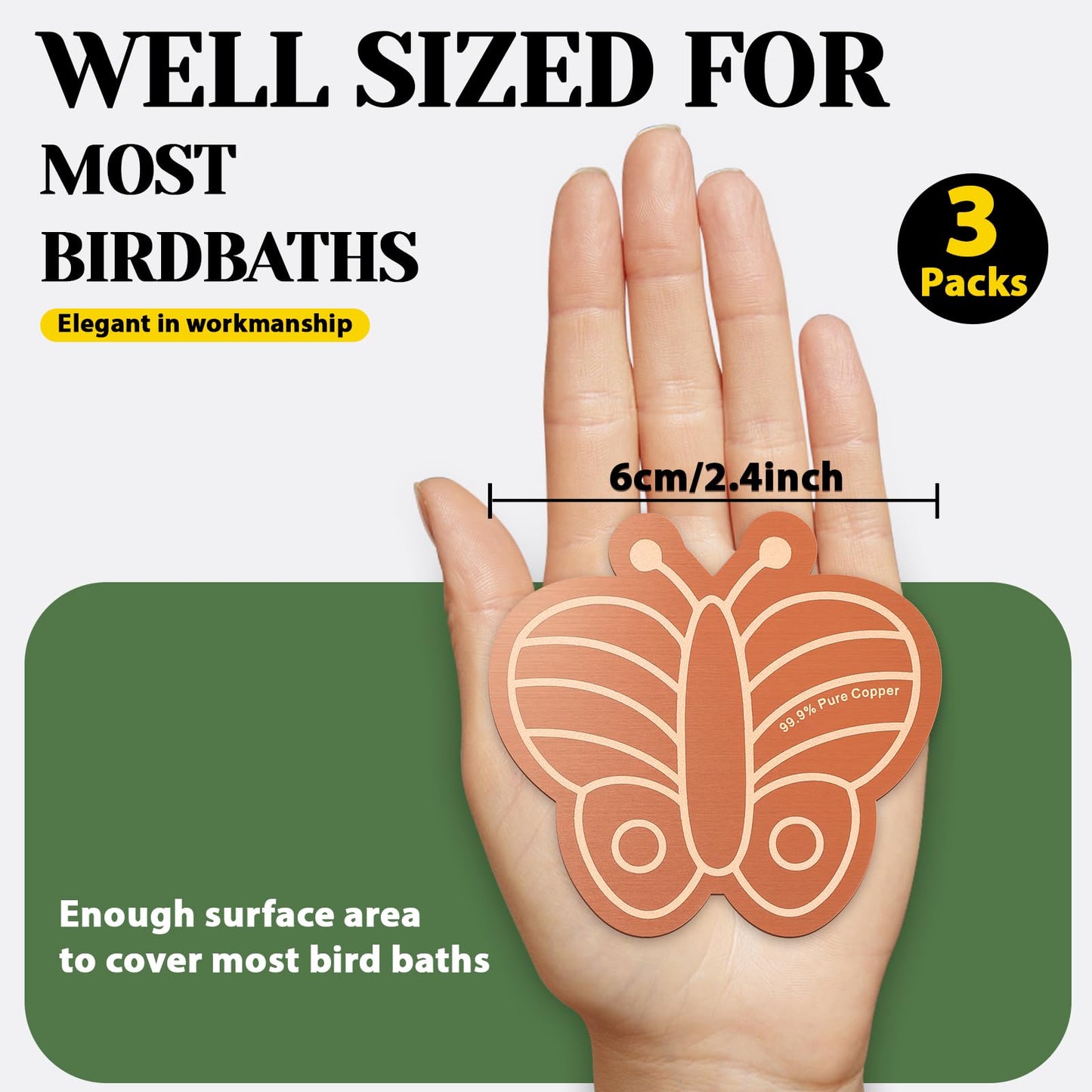 3Pcs Bird Bath Copper Purification Disk 99.99% Pure Copper Water Cleaning Discs 0.6mm Physical Clean Water for All-Season Universal Natural Fit for Outdoor Birdbaths, Bowls, Garden Fountain(Butterfly)