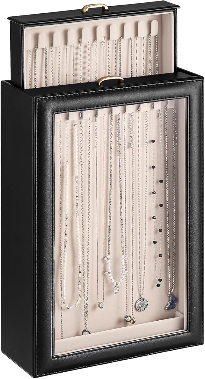Lolalet Necklace Organizer Box, Jewelry Storage Box with Clear Window for Necklaces Bracelets, Tangle-Free Necklace Display Case for Women Girls -Black, 2 Layers 20 Hooks