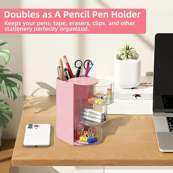 neotidy Hair Accessories Organizer with Hair Brush Holder, Rotating Hair Tie Product Organizer for Girls, 3-Tier Makeup Brush Holder for Clips, Bows & Brushes (Pink, 3-Tier)