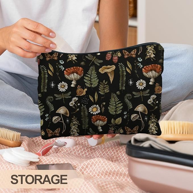 Dark Forest Cottagecore Mushroom Makeup Bag - Forest Cosmetic Bag for Gifts, Mushroom Lovers