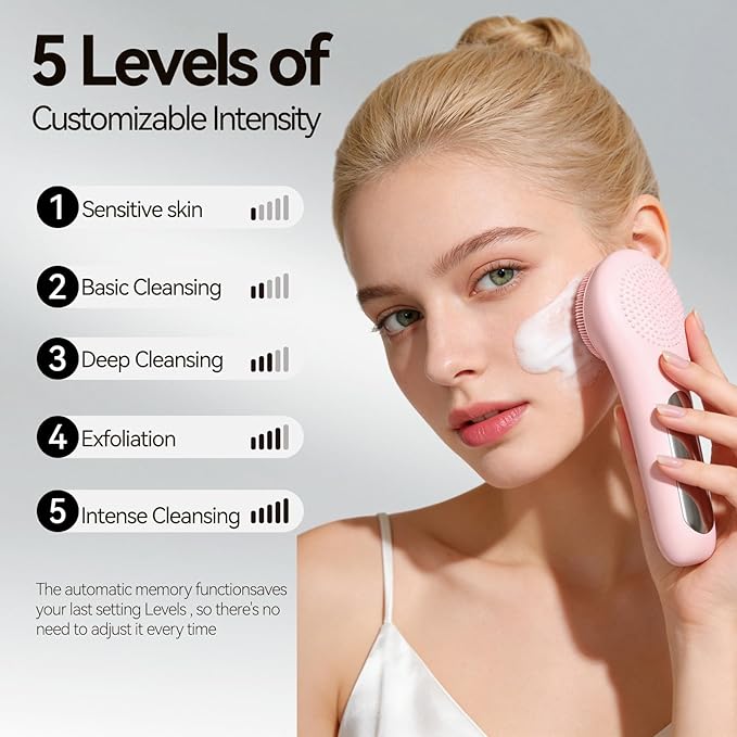 Rechargeable Silicone Facial Cleansing Brush for Women & Men - 5 Modes Waterproof Face Scrubber with Heat Massage, Deep Cleansing & Exfoliating Electric Face Brush (Pink)