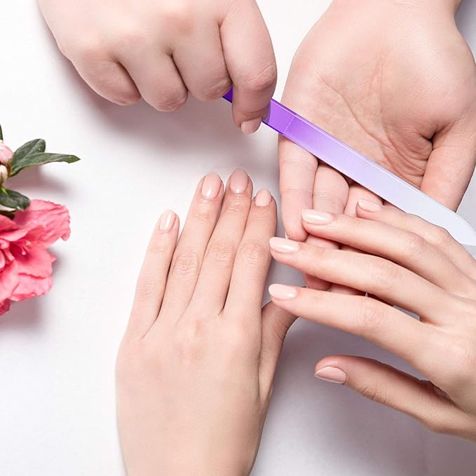 Mudder 6 Pack Crystal Glass Fingernail File with Case for Natural Nail and Cuticle Pusher Dual Ended Manicure Stick Set Nail Care Large Small Portable Tool Gift for Women Pastel Green Violet(Purple)