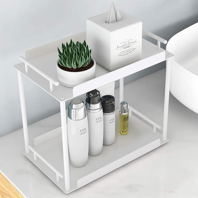FLE Bathroom Organizer Countertop,Counter Decorative Tray Cosmetic Organizer,Countertop Storage Shelf for Bathroom, Kitchen, Living Room, Bedroom, Dressing Table (2 Tier-White)
