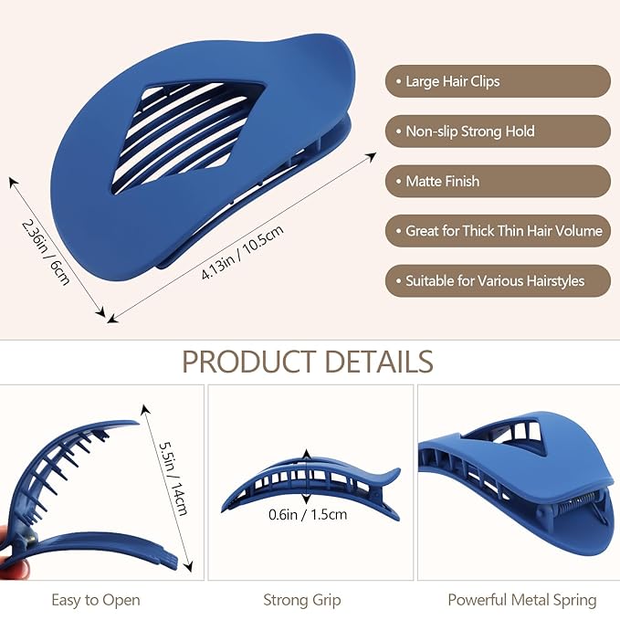 Large Flat Round Hair Clips Oval Claw Clips for Thick Medium Thin Hair 6Pcs Non Slip Strong Hold Barrettes Duckbill Accessories for Women Girls Matte Solid Color Grey Blue