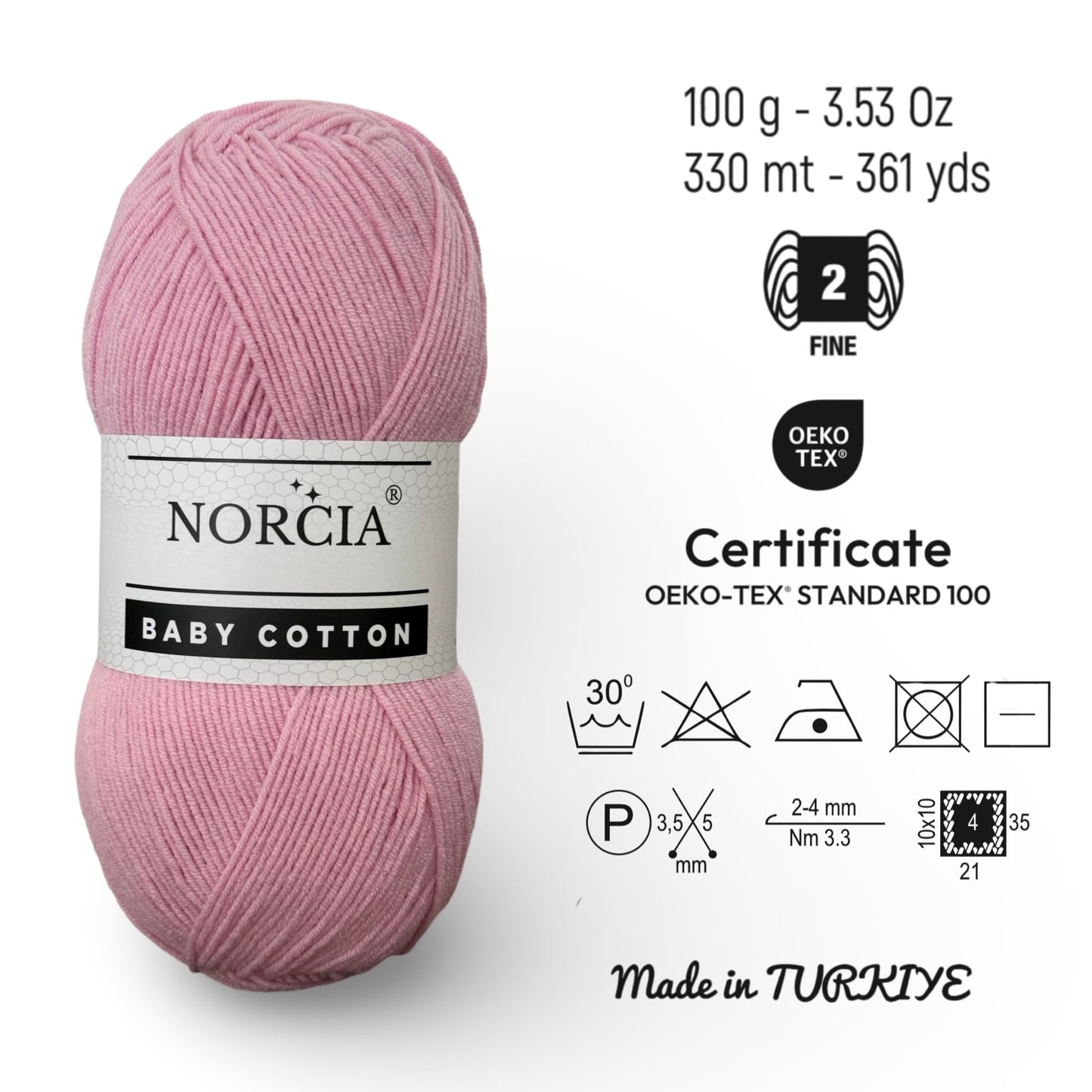 Norcia Baby Cotton, 55% Cotton 45% Acrylic Yarn, Fine/Sport (2) for Crochet and Knitting, Soft Amigurumi Yarn, 100 gr (361 yds)