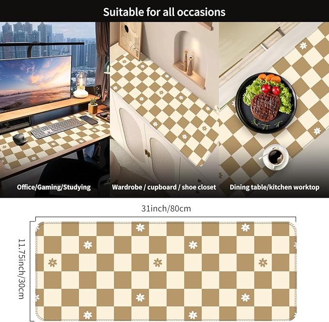 Desk Mat,Big Desk Pad,31.5 x 11.5in Extended Gaming Mouse Pad,Large Mouse Pad for Desk Rubber Base Mousepad with Stitched Edges,Keyboard Mouse Mat for Work Game Office Home - Beige Chessboard Flower