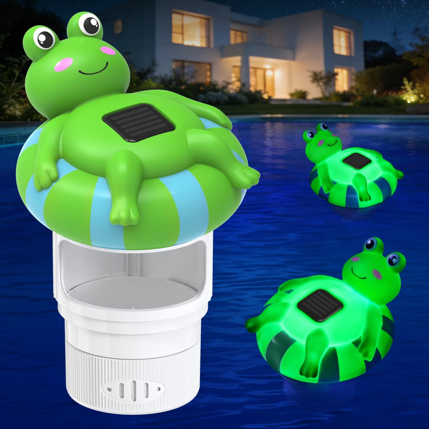 Blufree Pool Chlorine Floater, Frog Solar Chlorine Floater Glow in The Dark Fits 4x3'' Tablets, Adjustable Flow & Large Capacity Floating Chlorine Dispenser for Pool, Hot Tub Spa (Green, 9 in)