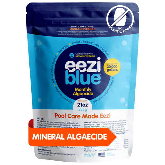Eeziblue Monthly Algaecide for Swimming Pool — Patented Zn-Cu Synergy™, Treats Green, Black & Mustard Algae, Inground & Above Ground Pools, Up to 20,000 Gallons, Pre-Measured Dose