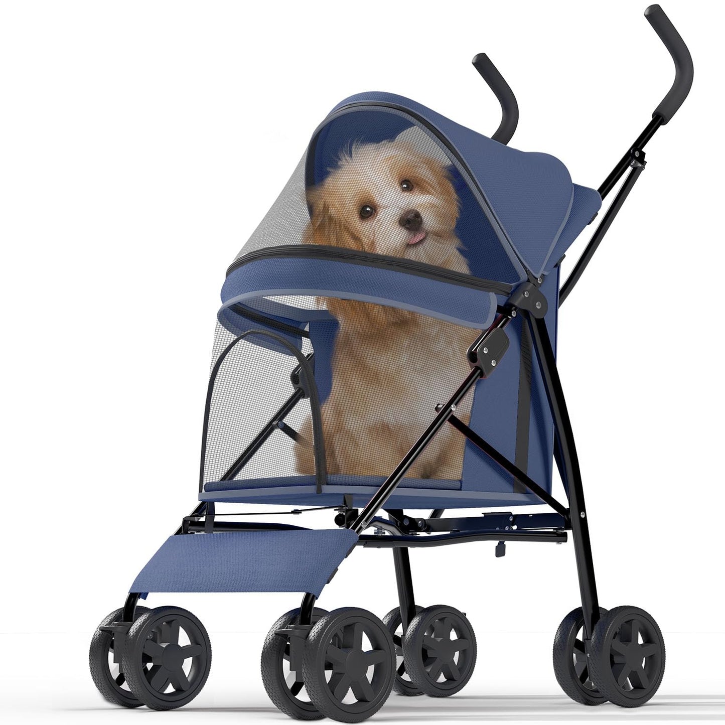 OS MOTOR Pet Stroller with 4 Wheels for Small/Medium Pets, Portable Travel Foldable Carrier Jogger for Dog Cat Puppy Kitty, Rear Wheel Breaks, Storage Basket, Visible Mesh Weather Cover (Navy Blue)