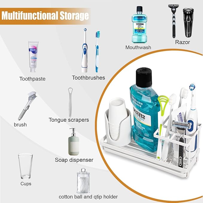 Toothbrush Holders for Bathrooms, Carbon Steel Tooth Brushing Holder Electric Toothbrush and Toothpaste Organizer Bathroom Accessories for Countertop, Shower, Sink - White