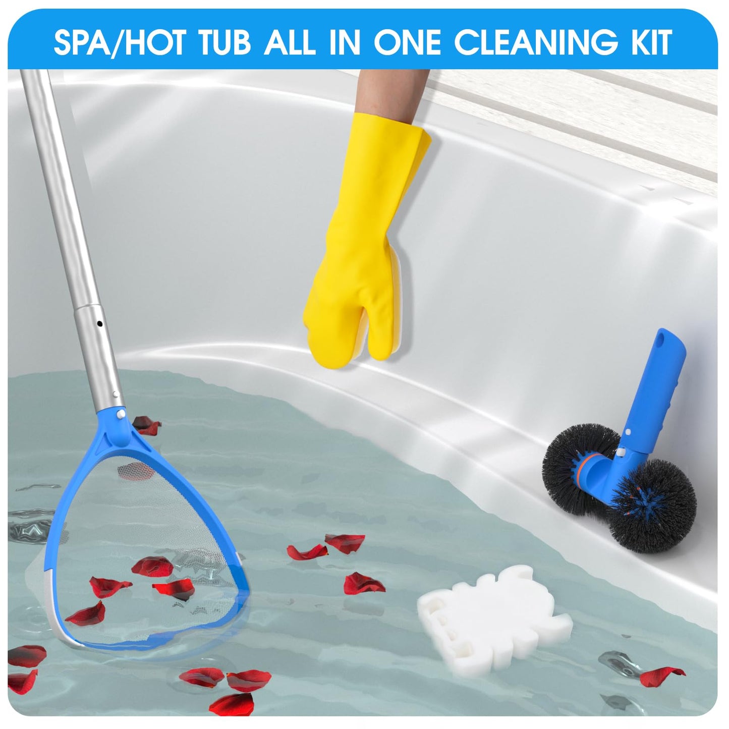 TidyMister 5-in-1 Spa Cleaning Set - Hot Tub Small Pools Maintenance Accessories Kit - Skimmer Net, Round Brush, 2ft Pole, Scrub Glove and Scum Absorber