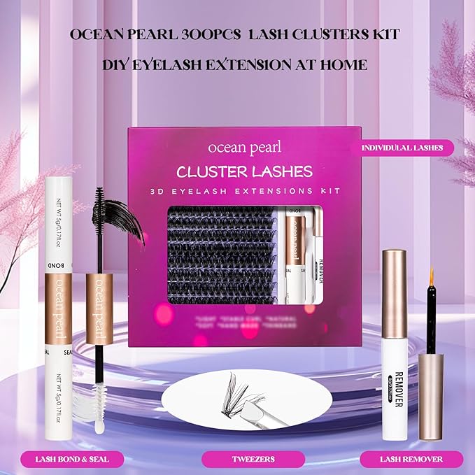 Ocean Pearl Lash Clusters 300pcs Individual Lashes 40D 10-20mm Eyelash Extensions Kit Natural Lashes Soft Eyelash Clusters False Eyelashes DIY Lash Extension Kit with Bond + Seal and Remover-40D