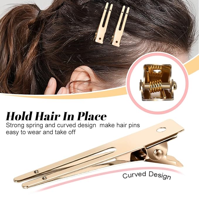 50Pcs Pin Curl Clips, IKOCO Hairdressing Double Prong Hair Clips with 3Pcs Comb Set for Setting Curls, Hair Salon or Barber, Gold