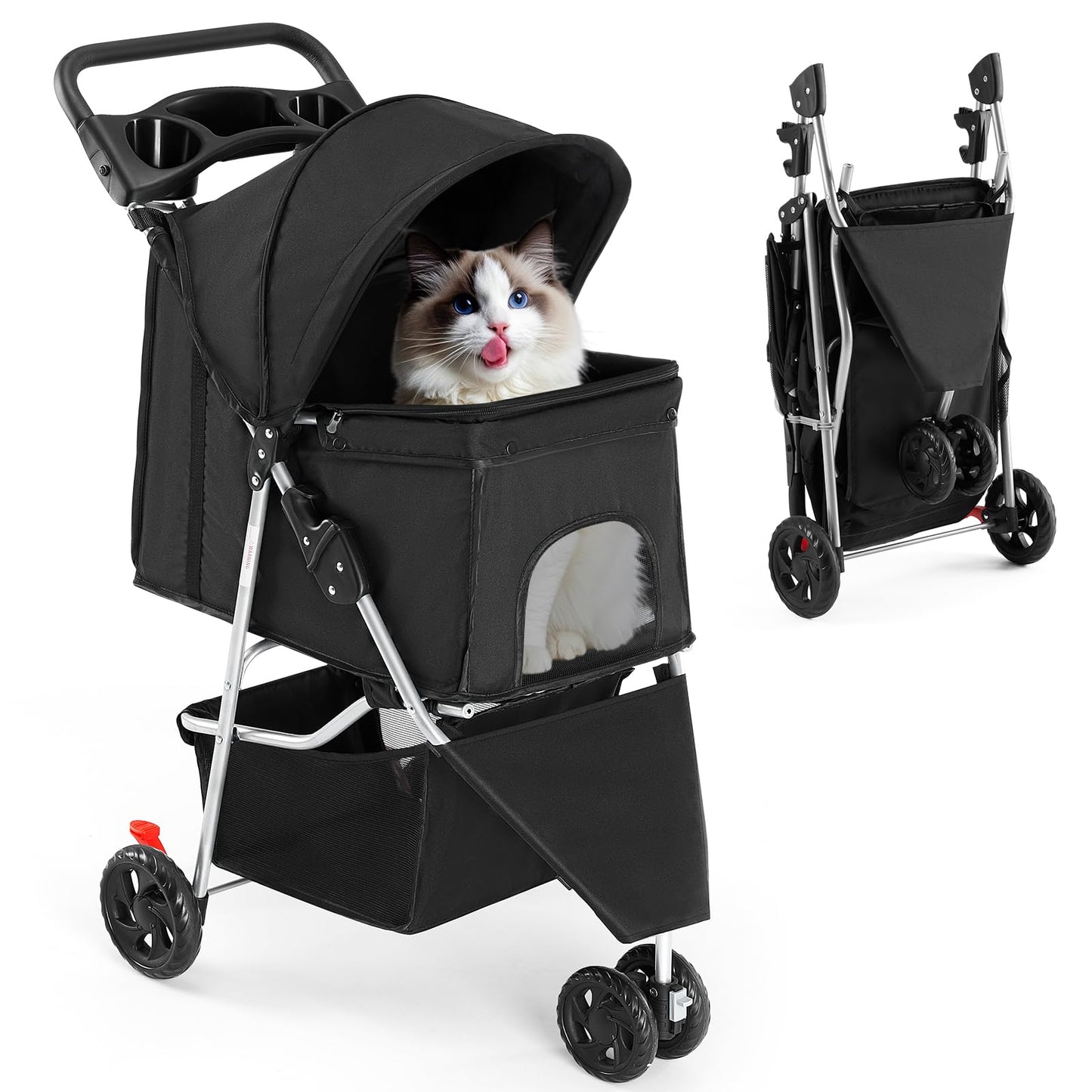 KMFurnila 3 Wheel Pet Stroller for Dogs, Cats Stroller with Storage Basket and Cup Holders, Foldable, Lightweight and Durable, Ideal for Small to Medium Pets, Home Cleaning, Black