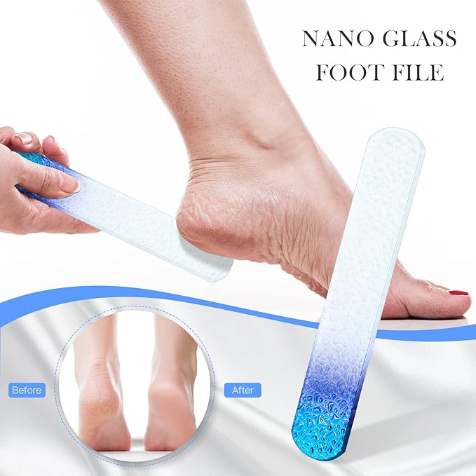 5 Pcs Glass Nail File Set Callus Remover Foot Rasp Manicure Tool Include 2 Crystal Glass Nail and 1 Foot File 1 Cuticle Pusher One Nano Shiner Buffer Polisher for Beauty