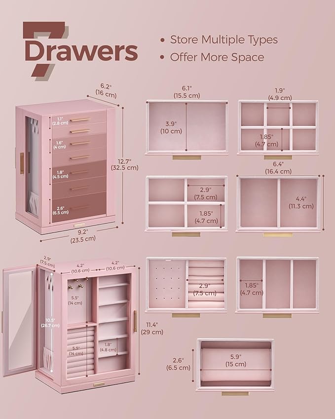 Glimmloop 360ÃÂ° Rotating Jewelry Box with 7 Drawers, Spacious Vertical Jewelry Organizer with Glass Window, Jewelry Storage Case, Dustproof & Moisture-resistant Design, Pink