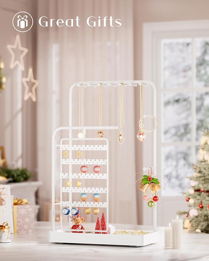 ProCase Jewelry Stand Holder Organizer, Jewelry Display Storage with Ring Tray, No-Assembly Needed, Rotating Earring Bracelet Necklace Holder, Christmas Gifts Room Dorm Decor for Teen Girls -White