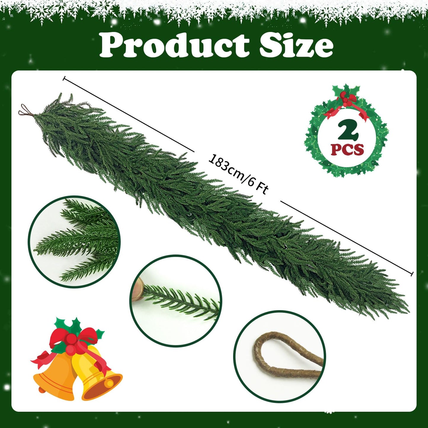 6 Ft 2 Pcs Artificial Norfolk Pine Garland, Real Touch Green Faux Greenery Garland for Christmas Table, Mantle, Wall, Fireplace, Indoor Outdoor Holiday Decor