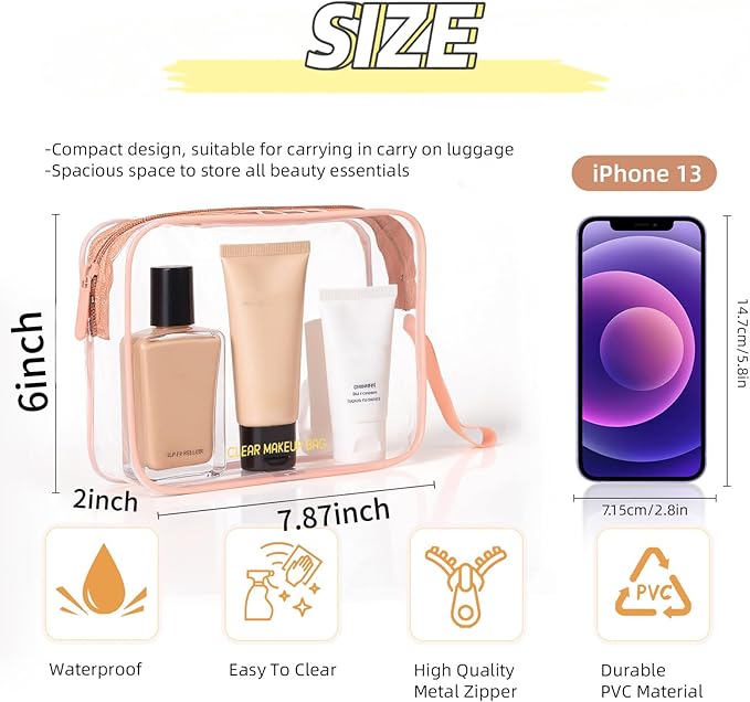 Clear Makeup Bag,2 Pack TSA Approved Toiletry Bag Travel Toiletry Bag Hanging Makeup Cosmetic bag for Women Men (Rose gold)