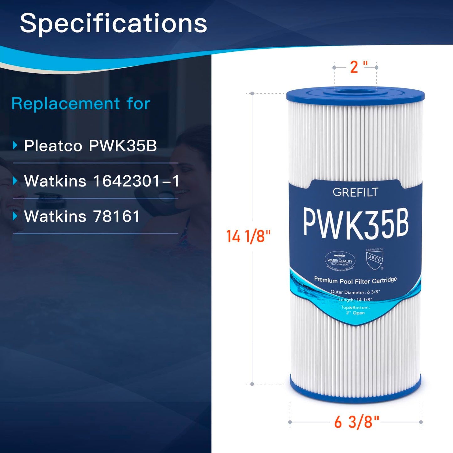 Grefilt PWK35B Hot Tub Filter Compatible with Hot Springs Limelight Series Spa Filters, Watkins 1642301-1, Pleatco PWK35B, Filbur FC-3921, 78161, 35 sq.ft. 2-Pack