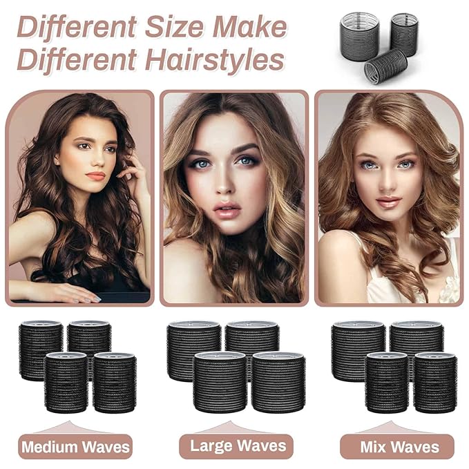 Self Grip Hair Rollers Curlers 16 Pcs Set with 8Pcs Hair Rollers 2 Sizes (4 Jumbo & 4 Large) and 8 Pcs Hair Clips for Long Medium Short Thick Fine Thin Hair Volume (Black)