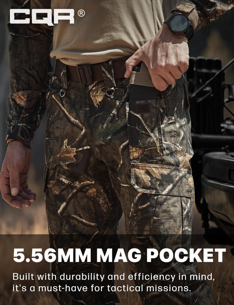 CQR Men's Tactical Pants, Water Resistant Ripstop Cargo Pants, Lightweight EDC Work Hiking Pants, Outdoor Apparel, Duratex Mag Pocket Print Hunting Camo, 46W x 30L