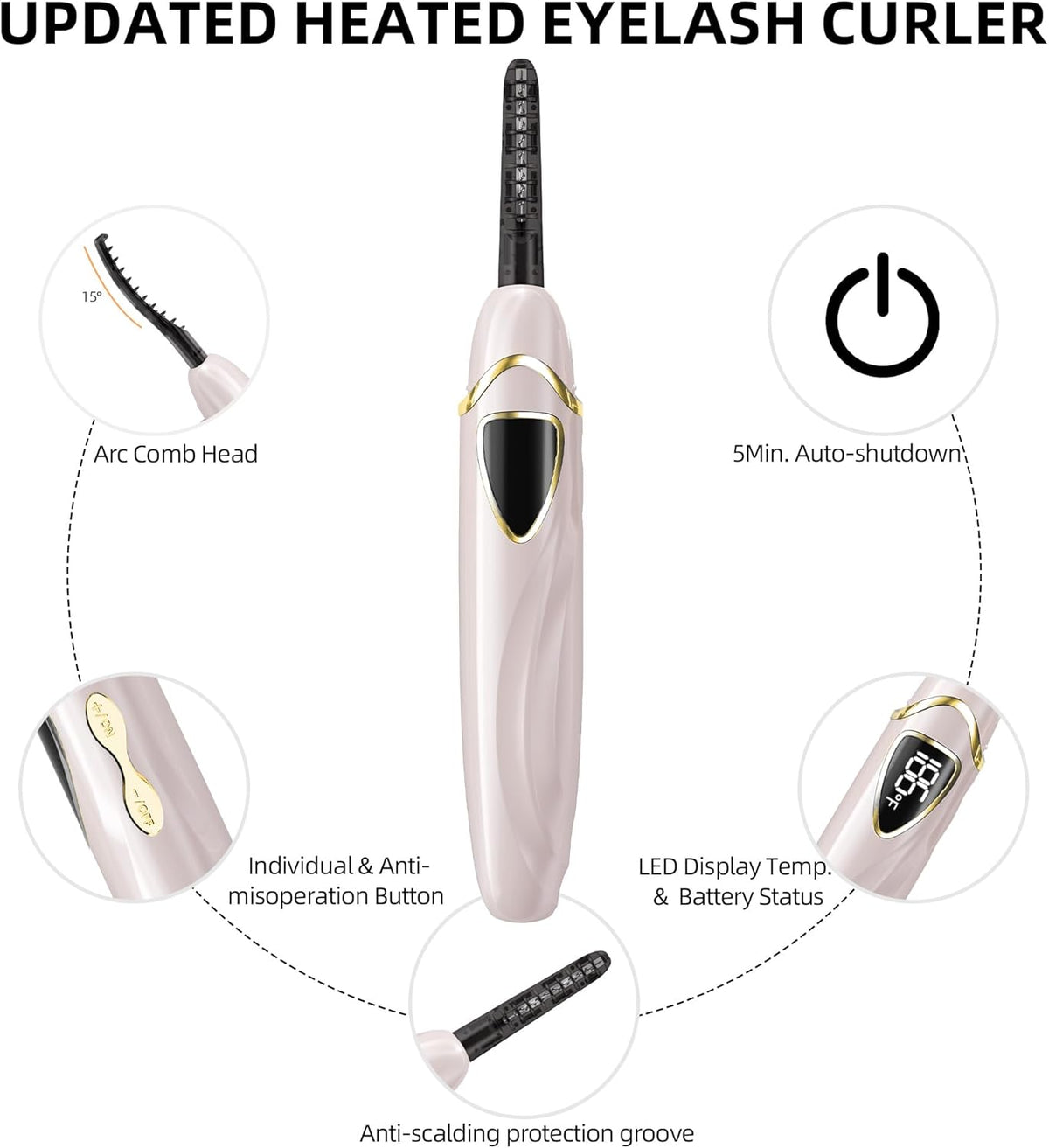ZAPAL Heated Eyelash Curler, S600 Rechargeable Heated lash Curler, Intelligent Power Off Electric Eyelash Curler Heated Quickly 24 Hs Lasting Natural Makeup for Woman - Petal Pink/Gold