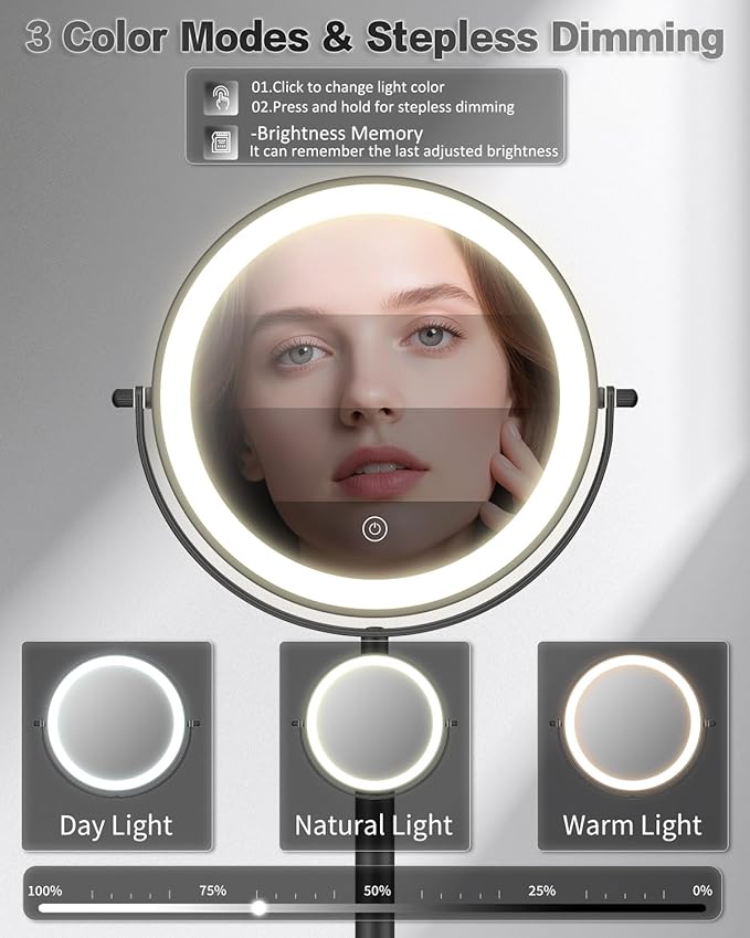 VFD 30X/1X Makeup Mirror with Lights, Height Adjustable Lighted Magnifying Vanity Mirror with 3 Lighting and Adjustable Brightness, 3000mAh Rechargeable Double Sided Switch for Desk Women Gift