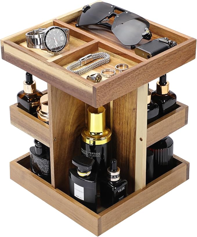 EXIN DECHEN Cologne Organizer for Men,Cologne Stand,Wood Perfume Shelf with Rotate,Desk Organizer,Gift for Dad From Wife,Husband Boyfriend Birthday Gift Ideas,Fathers Day Gift for Men