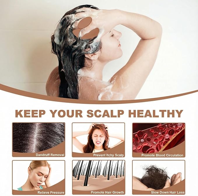 Silicone Scalp Massager Shampoo Brush, Scalp Brush for Hair Growth & Dandruff Removal, Hair Scrubber Scalp Stimulator Exfoliator Brush with Soft Bristles for Wet Dry Scalp Care (Brown)
