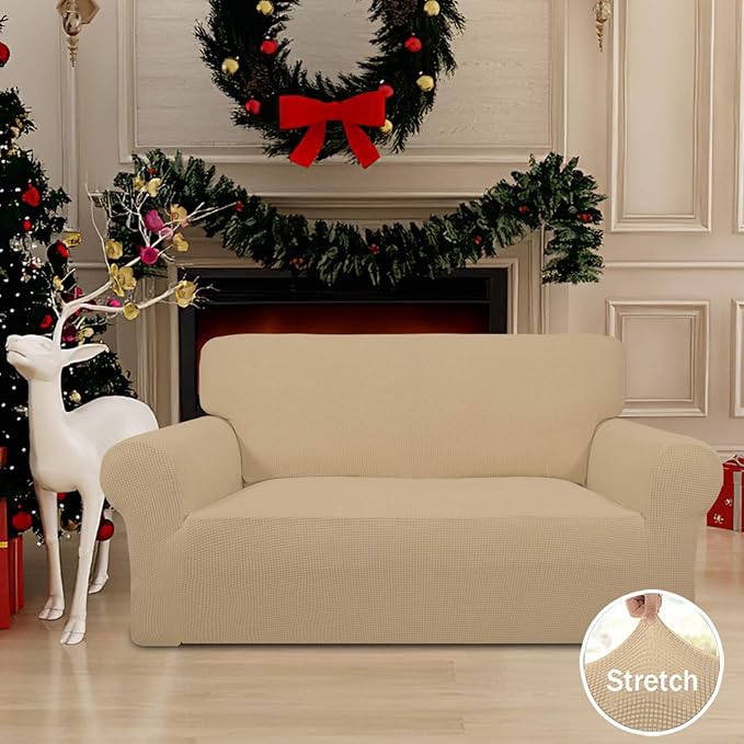 Easy-Going Stretch Loveseat Slipcover 1-Piece Sofa Cover Furniture Protector Couch Soft with Elastic Bottom for Kids Polyester Spandex Jacquard Fabric Small Checks (Loveseat, Sand)