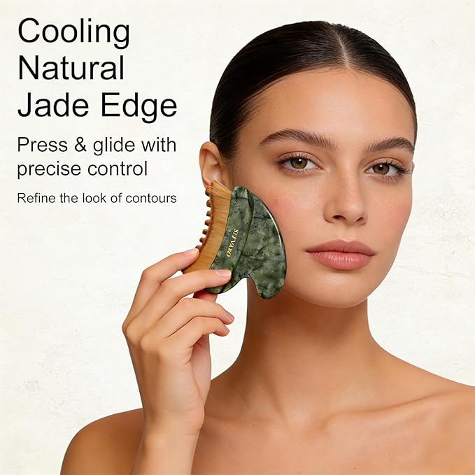 Lymphatic Contour Face Brush, Dual-Ended Dry Brush + Cool-Touch Jade Gua Sha Edge, 0.075mm Ultra-Soft Bristles Gua Sha Facial Tools, for Lymphatic Drainage, Less Puffy Look, Sculpt & Relax