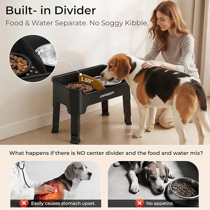 URPOWER Mess Proof Slow Feeder Dog Bowls 4 Height Adjustable Elevated Bowl Stand with Stainless Steel Water Bowl and Slow Feeder Non-Slip Dog Food Bowls Stand for Small & Medium Dogs