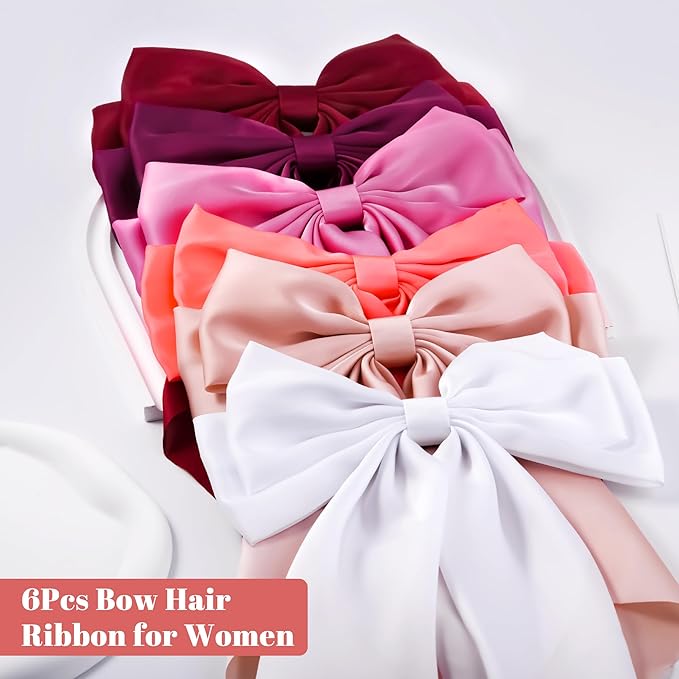 6Pcs Large Bows Hair Clips for Women Girls Long Tail Hair Ribbon Silky Satin Barrettes Coquette Bows Accessories (Pink/Peach/Wine Red/White/Black)