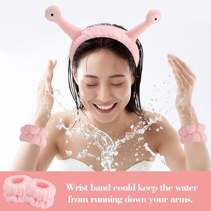 SuPoo 9 Pcs Skincare Headbands Snail Spa Headband and Wristband Set Alien Pink Face Wash Wristbands Cute Makeup Hair Band for Washing Face Wrap Head Towel Wrist Towels for Shower