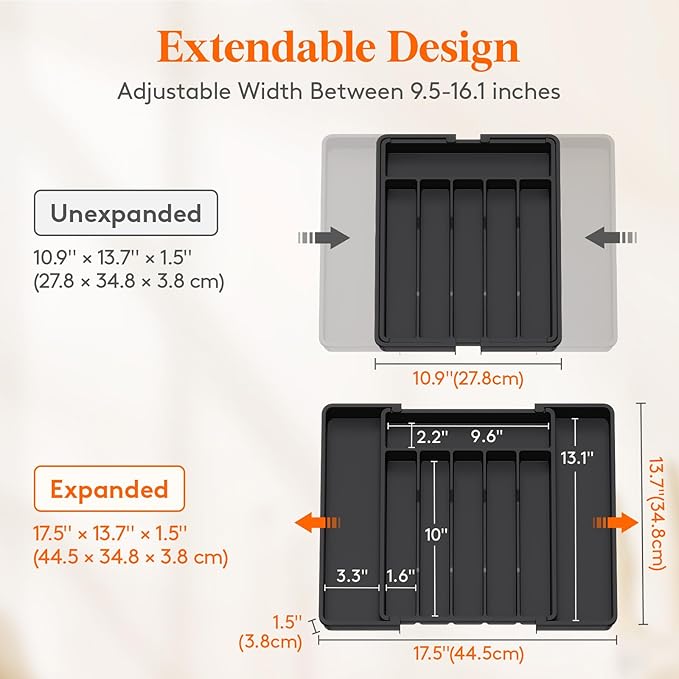 Lifewit Silverware Drawer Organizer, Expandable Utensil Tray for Kitchen, BPA Free Flatware and Cutlery Holder, Adjustable Plastic Storage for Spoons Forks Knives, 11-18 x 14", Black