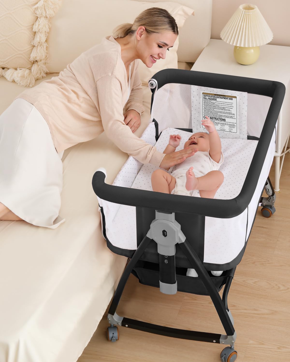 wayfong 3 in 1 Baby Bassinet Crib with Breathable Mesh, Bassinet Bedside Sleeper with Wheels, Mosquito Net, Storage Basket, 6 Height Adjustable, Easy to Assemble, Bassinets for Newborn Baby