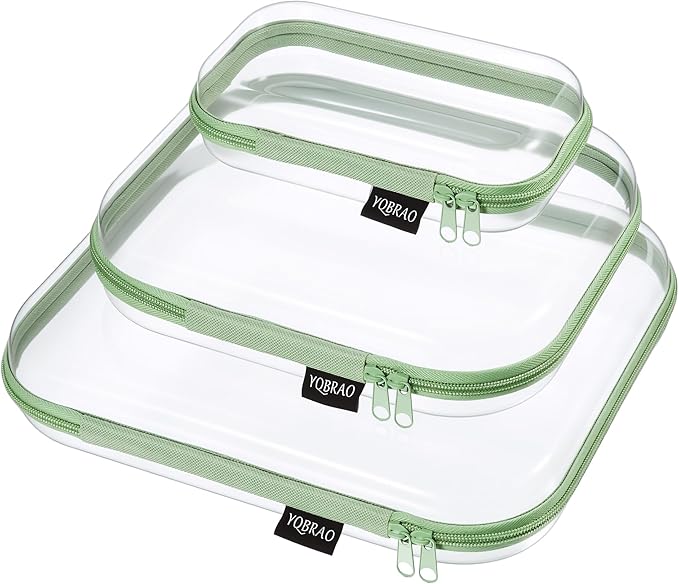 YQBRAO 3-Pack Clear Hard Shell Zipper Case Green, 1.2mm Heavy-Duty Crush-Proof Travel Makeup Bag, Multi-Size (L+M+S) Diaper Bag Organizer Pouches, Rigid Clear Zipper Pouches for Tech, Toys & Home