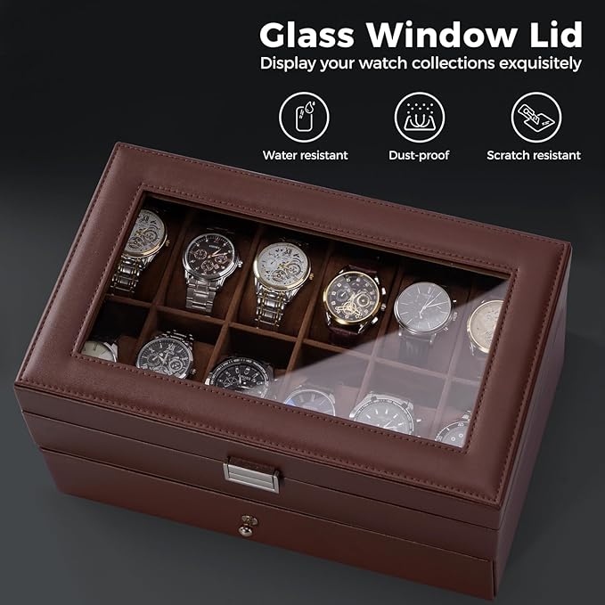 ProCase Watch Box, 12 Slot Mens Watch Case With Drawer, 2-Layer Watch Display Case With Glass Lid, Mens Jewelry Box Storage Holder Organizer, Birthday Valentine Gifts for Men -12Slot, Espresso