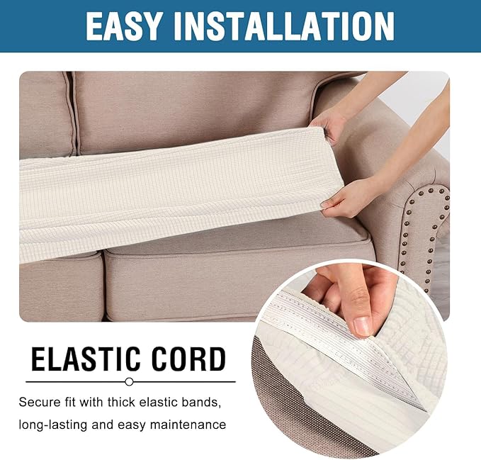 H.VERSAILTEX Super Stretch Individual Seat Cushion Cover Sofa Covers Couch Cushion Covers Slipcover Sets Thick Jacquard Textured Twill Fabric (3 Piece Sofa Cushion Covers, Porcelain White)