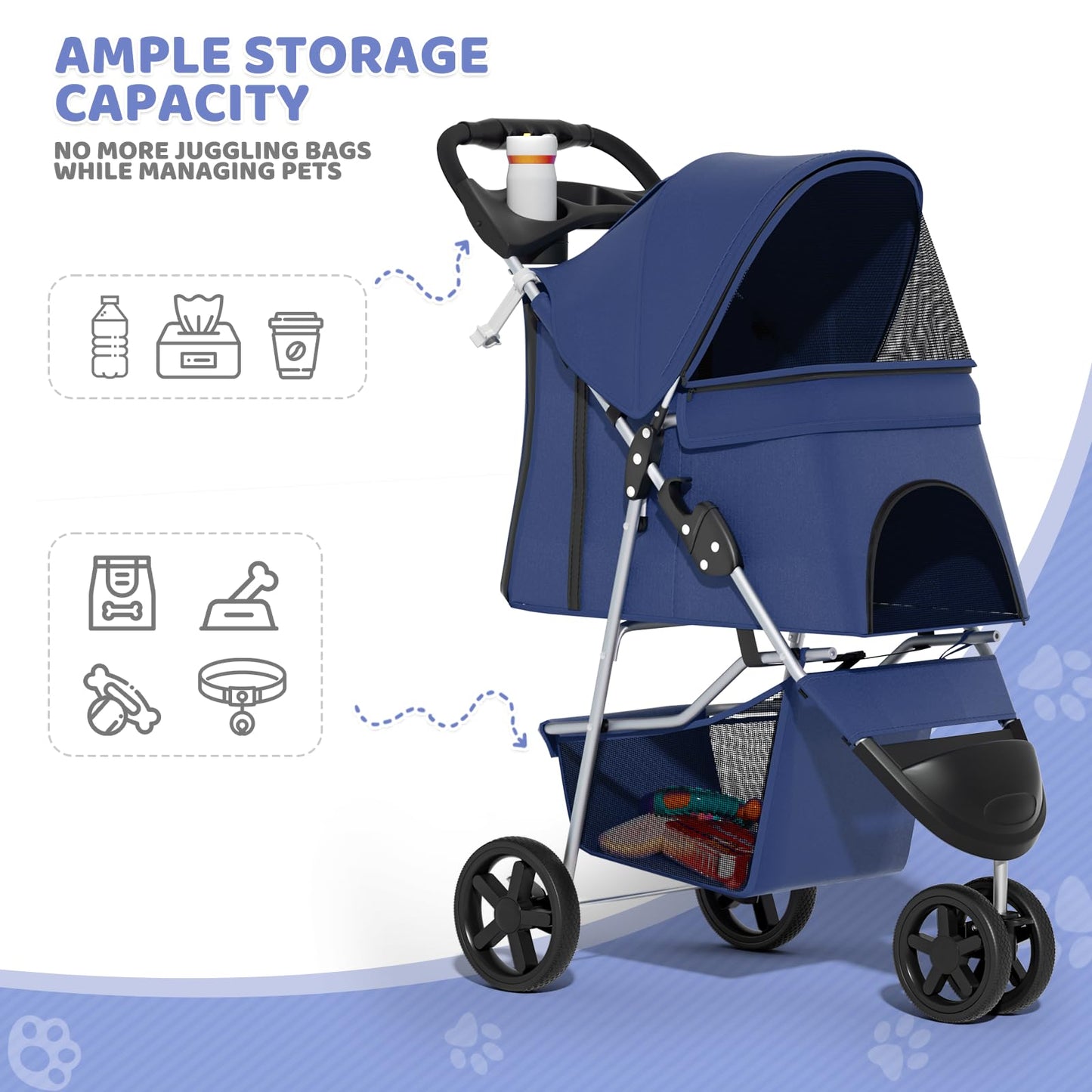Magshion 3-Wheel Pet Stroller, Foldable Travel Jogger for Small & Medium Dogs & Cats (Up to 33lbs), Lightweight Carrier with Breathable Mesh Cover, Cup Holder & Storage Basket, Navy Blue