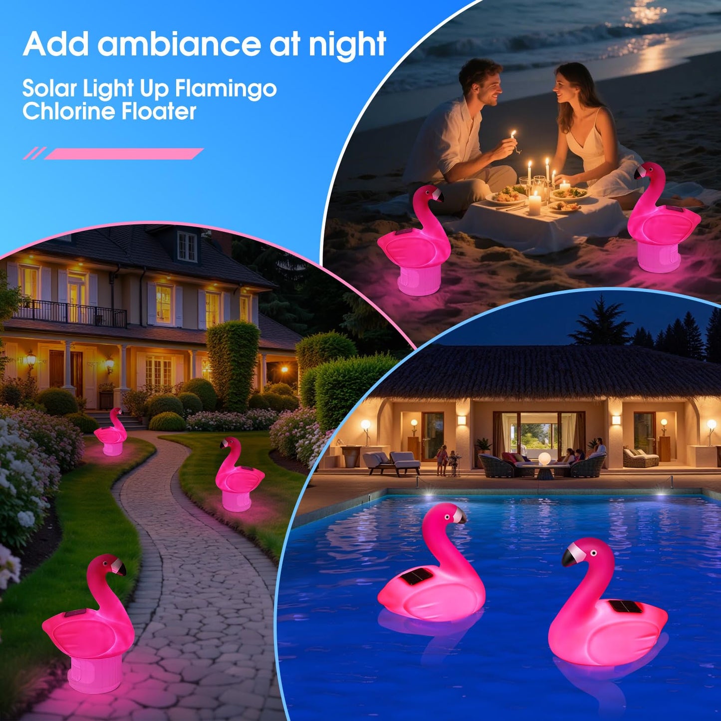 Blufree Pool Chlorine Floater, Solar Flamingo Chlorine Tablet Floater w/Adjustable Release, Glow in The Dark Large Capacity Floating Chlorines Dispenser for Pool Hot Tub Spa