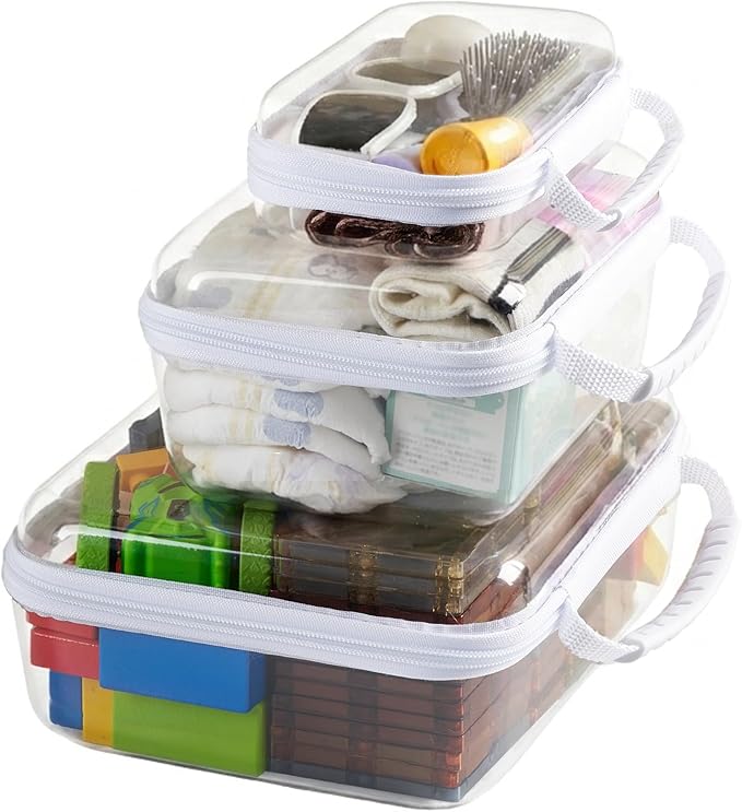3PCS Travel Essentials for Toiletries with Handles, 1.2MM Thick Clear Hard Shell Zipper Case, Durable Makeup Bag for Cosmetics, Puzzles and Snacks, Clear Travel Bag for Diaper Bag Organizer