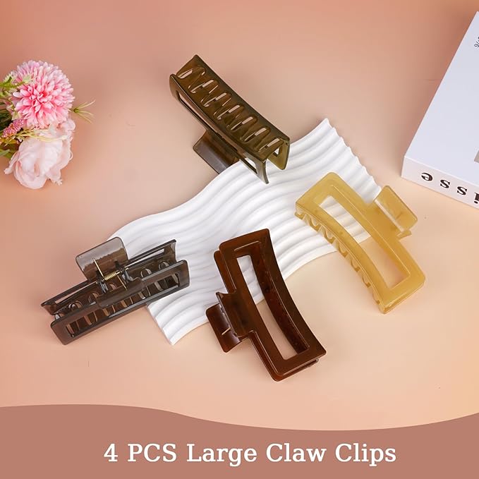 5 Inch XL Jumbo Claw Clips for Thick and Long Hair, 4-Pack Oversized Translucent Rectangle Hair Clips for Women, Strong Hold Non-Slip Jaw Clips, Jelly Colors