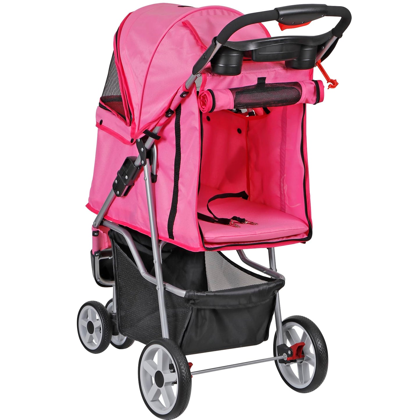 Foldable Pet Stroller for Cats and Dogs 3 Wheels Carrier Strolling Cart with Weather Cover, Storage Basket + Cup Holder (Pink)